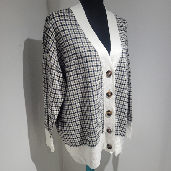 Barbour Women's Hebrides Plaid Cotton Cardigan Size 12 Cream Black Green Preppy - Picture 2 of 13